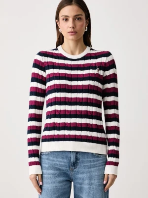 U.S. Polo Assn. sweter damski bawełniany Stripe Crew Neck Cable biały
