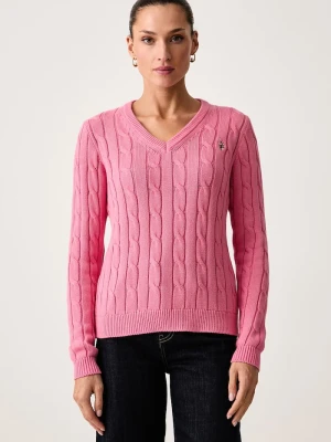 U.S. Polo Assn. sweter damski bawełniany V-NECK CABLE różowy