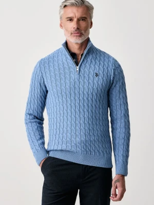 U.S. Polo Assn. sweter męski bawełniany CLASSIC COTTON CABLE KNIT 1 / 4 ZIP FUNNEL niebieski