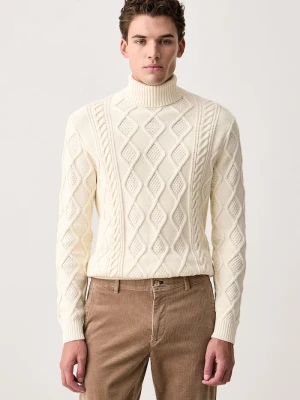 U.S. Polo Assn. sweter męski bawełniany HERITAGE ARAN NEP KNIT ROLL NECK beżowy