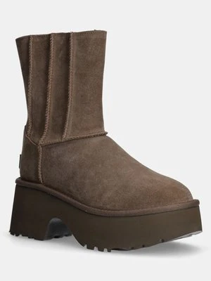 UGG botki zamszowe Classic Twin Seam New Heights damskie kolor brązowy na platformie ocieplone 1158313-HCK