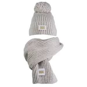 UGG Chunky Rib Knit Beanie Pom Set 21883-LGRY, Damskie, Szare, czapki, akryl, rozmiar: One size