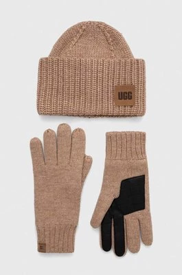 UGG czapka i rękawiczki z domieszką wełny kolor brązowy