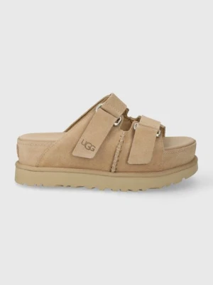 UGG klapki zamszowe Goldenstar Hi Slide damskie kolor beżowy na platformie 1155458