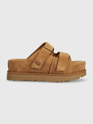 UGG klapki zamszowe Goldenstar Hi Slide damskie kolor brązowy na platformie 1155458