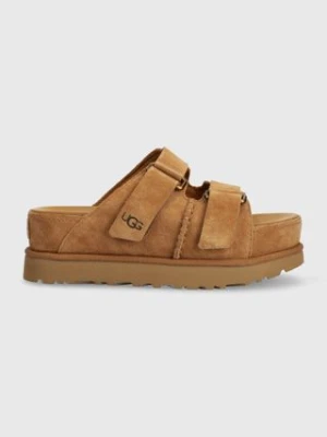 UGG klapki zamszowe Goldenstar Hi Slide damskie kolor brązowy na platformie 1155458