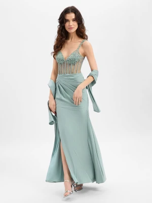 Unique Damska sukienka wieczorowa ze stułą Kobiety zielony jednolity,