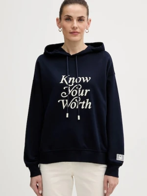 United Colors of Benetton bluza damska kolor granatowy z kapturem z nadrukiem 3WNWD201C