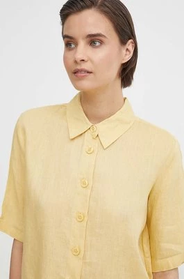 United Colors of Benetton koszula lniana kolor żółty regular z kołnierzykiem klasycznym