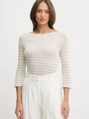 United Colors of Benetton longsleeve z domieszką lnu kolor beżowy 38O0D109X