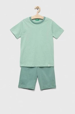 United Colors of Benetton piżama bawełniana dziecięca kolor zielony gładka
