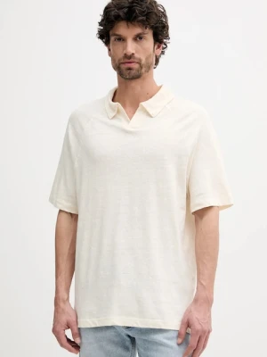 United Colors of Benetton polo lniane męski kolor beżowy gładki 3UTFU302A