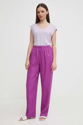 United Colors of Benetton spodnie lniane kolor fioletowy proste high waist