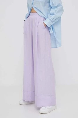 United Colors of Benetton spodnie lniane kolor fioletowy szerokie high waist