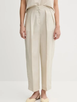 United Colors of Benetton spodnie z domieszką lnu damskie kolor beżowy proste high waist 45BVDF09B