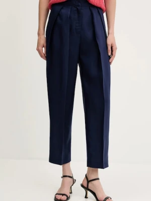 United Colors of Benetton spodnie z domieszką lnu damskie kolor granatowy proste high waist 45BVDF09B