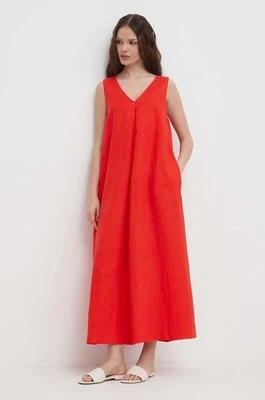 United Colors of Benetton sukienka lniana kolor czerwony maxi rozkloszowana