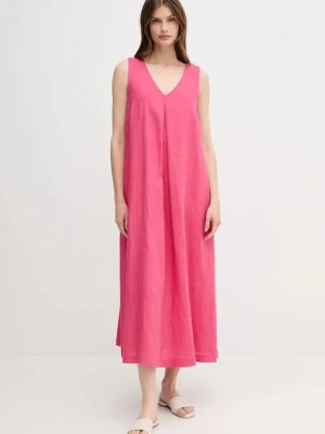 United Colors of Benetton sukienka lniana kolor różowy maxi rozkloszowana