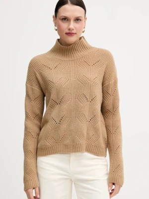 United Colors of Benetton sweter z dodatkiem wełny damski kolor beżowy lekki z półgolfem 1FDFD10F2