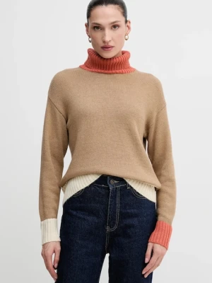 United Colors of Benetton sweter z dodatkiem wełny damski kolor beżowy z golfem 16YCE204I
