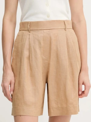 United Colors of Benetton szorty lniane kolor beżowy gładkie high waist 4AGHD901V