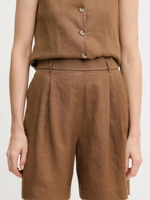 United Colors of Benetton szorty lniane kolor brązowy gładkie high waist 4AGHD901V