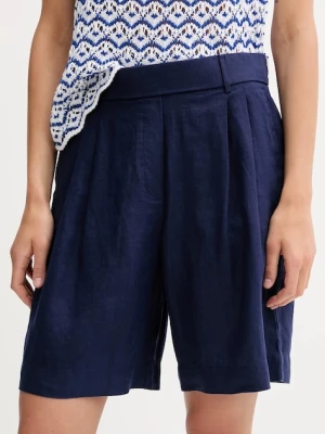 United Colors of Benetton szorty lniane kolor granatowy gładkie high waist 4AGHD901V