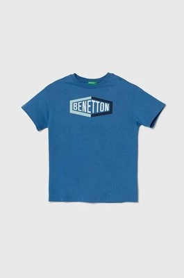 United Colors of Benetton t-shirt bawełniany dziecięcy kolor niebieski z nadrukiem