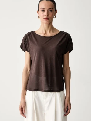 United Colors of Benetton T-shirt damski z dodatkiem lnu brązowy
