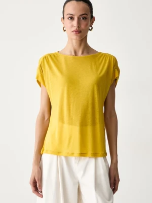 United Colors of Benetton T-shirt damski z dodatkiem lnu żółty