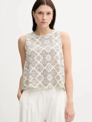 United Colors of Benetton top lniany damska kolor biały wzorzysta 5KPRDQ0BU