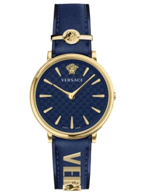V Circle Niebiesko-Złoty Zegarek Skórzany Versace