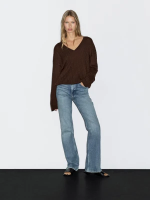 V-Neck Braided Knitted Pullover - Czekoladowy - - Massimo Dutti - Female