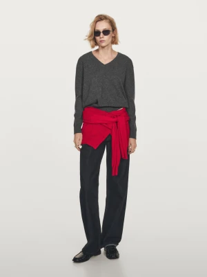 V-Neck Knitted Jumper 100% Cashmere - Szary Średni - - Massimo Dutti - Female