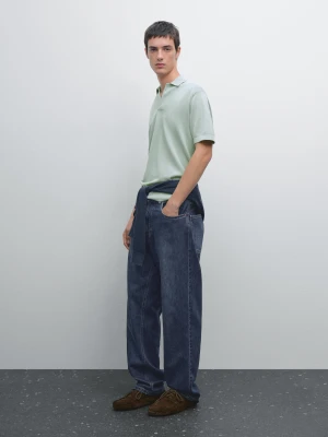 V-Neck Knitted Polo Shirt - Błękitny - - Massimo Dutti - Male