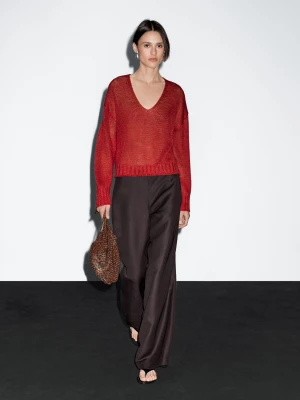 V-Neck Linen Knitted Pullover - Czerwony - - Massimo Dutti - Female