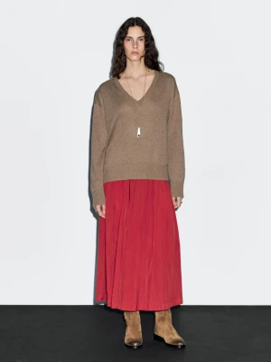 V-Neck Long Sleeve Knitted Pullover - Szarobrązowy - - Massimo Dutti - Female