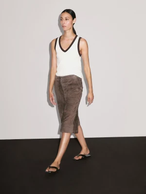 V-Neck Ribbed Knit T-Shirt - Surowy - - Massimo Dutti - Female