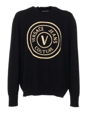 Versace Jeans Couture, Męski Sweter z Wełny z Złotym Logo Black, male,