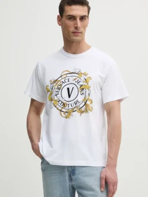 Zdjęcie produktu Versace Jeans Couture t-shirt bawełniany męski kolor biały z nadrukiem 78GAHC01 CJ01C