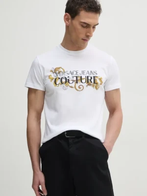 Zdjęcie produktu Versace Jeans Couture t-shirt bawełniany męski kolor biały z nadrukiem 78GAHC05 CJ01C