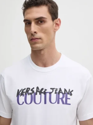 Zdjęcie produktu Versace Jeans Couture t-shirt bawełniany męski kolor biały z nadrukiem 78GAHE06 CJ00E