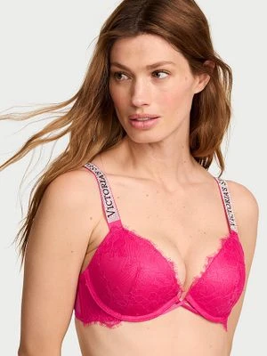 Very Sexy Biustonosz push-up koronkowy z błyszczącymi ramiączkami Shine Strap Victoria's Secret Różowy