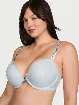 Very Sexy Biustonosz push-up koronkowy z błyszczącymi ramiączkami Shine Strap Victoria's Secret Niebieski