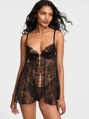 Very Sexy Halka z push-upem i stringi koronkowe Babydoll Victoria's Secret Czarny