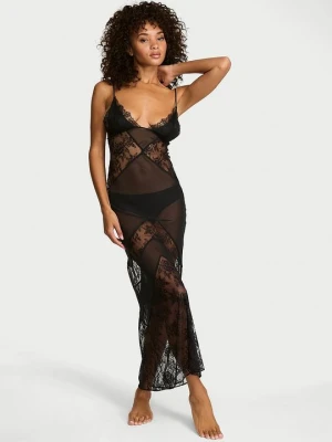 Very Sexy Koszula nocna z szyfonu i koronki maxi Victoria's Secret Czarny