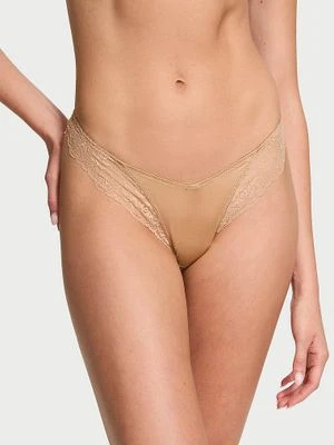 Very Sexy Stringi z koronką i wysoko wyciętymi nogawkami Lace-Trim High-Leg Victoria's Secret Beżowy