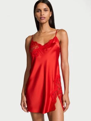 Victoria's Secret Koszulka nocna satynowa z koronką Lace-Trim Asymmetric