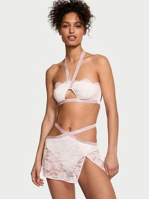 Victoria's Secret Zestaw koronkowy - biustonosz braletka i spódniczka z błyszczącymi paskami Shine Strap