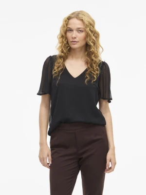 Vila Bluzka damska z krótkim rękawem - VIFalia Kobiety czarny wypukły wzór tkaniny,